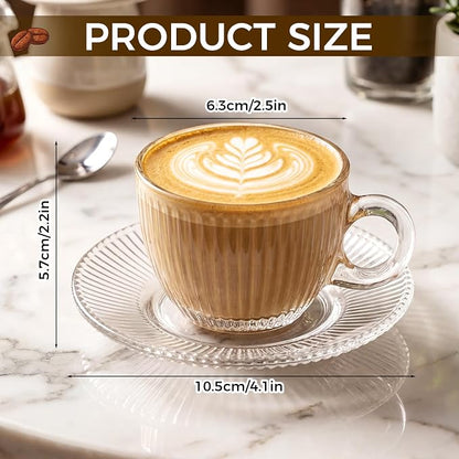 6 Sets of Glass Tea Cups with Saucers Vintage Coffee Mugs 2.8 oz Clear Espresso - Image 2