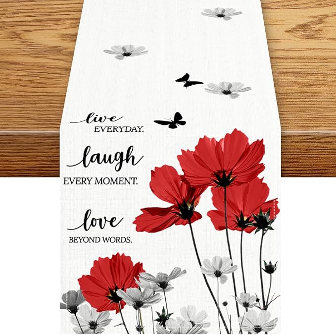 Red Daisy Table Runner, Boho Farmhouse Spring Summer Floral Flower Butterfly by Unknown