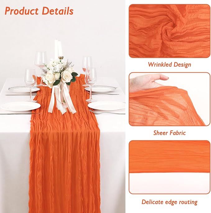 8 Pack Orange Cheesecloth Table Runner 120 Inch Boho Wedding Decor | - Image 3