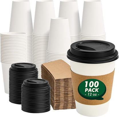 12 oz Coffee Cups with Lids and Sleeves 100 Pack, Thickened Paper Cups by CELLURA