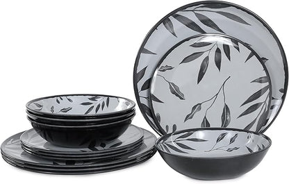 12pcs Melamine Dinnerware Set - Service for 4 Melamine Plates and Bowls Set, Unbreakable Dinner Salad Dessert Plate, Cereal Bowl Set for Indoor/Outdoor, Gray Leaf