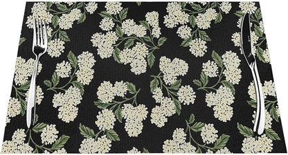 Spring Place mats Set of 4,12x18 Inches Black Beige Hydrangea Floral Decorative Summer Decor Flower Placemats Rectangle Spring Table Mats for Party Home Kitchen Dining Table Decoration
