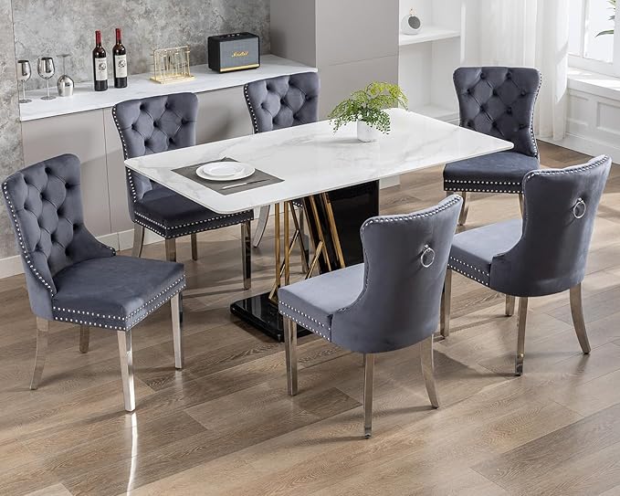 KCC Velvet Dining Chairs Set of 4, Upholstered High-end Tufted Dining Room Chair with Nailhead Back Ring Pull Trim Stainless Steel Legs, Contemporary Nikki Collection Modern Style for Kitchen, Gray
