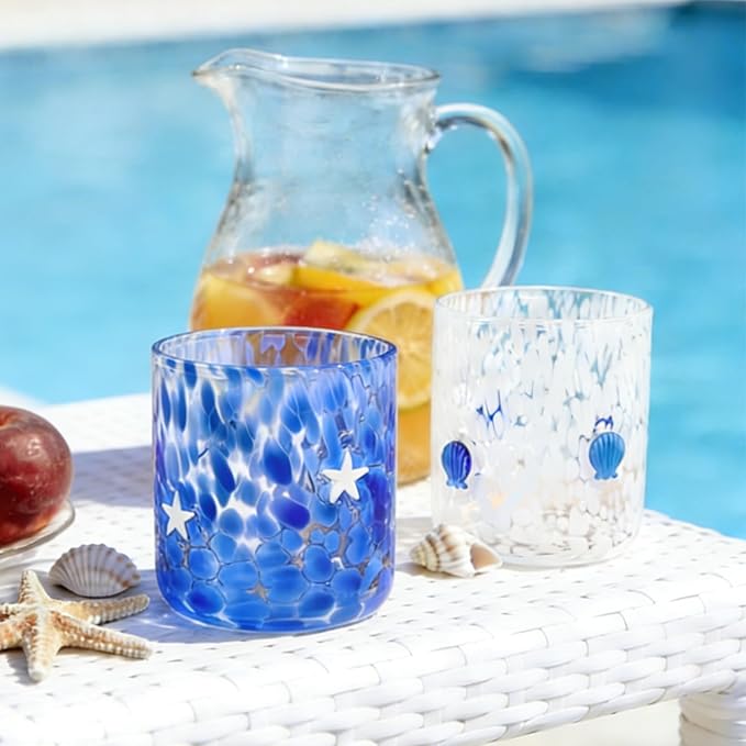 Whaline 2Pcs Ocean Icon Juice Glass 14 Oz Wine Glass White Dark Blue Seashell - Image 6