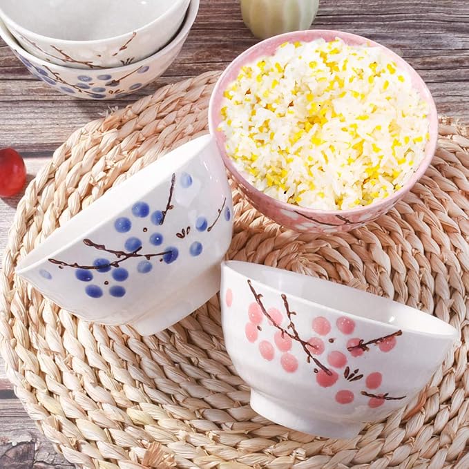 Japanese Rice Bowl Set of 4 Asian Style Hand-painted Floral Plum Ceramic Bowls - Image 2