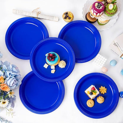 WELLIFE Royal Blue Party Plates 7 Inch -150 Count, Disposable Plastic Dark Blue Dessert Plates for Party Salad Cake Appetizer