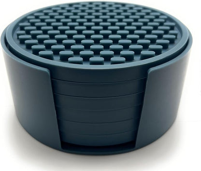 Happitasa 4.25 Inch Bar Mat Style Silicone Beverage Coasters, Set of 6 with Holder (Smoky Blue)