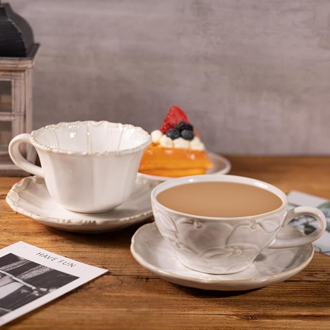 Ceramic Latte Cup with Saucer, 12 OZ Cappuccino Cup Vintage Cafe Art Cups - Image 6