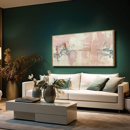 YJYart Living Room Decor Pink Canvas Wall Art 24"x 48"Abstract Wall Art White Canvas Picture Bedroom Decor Framed Artwork Large Paintings for Home Decor