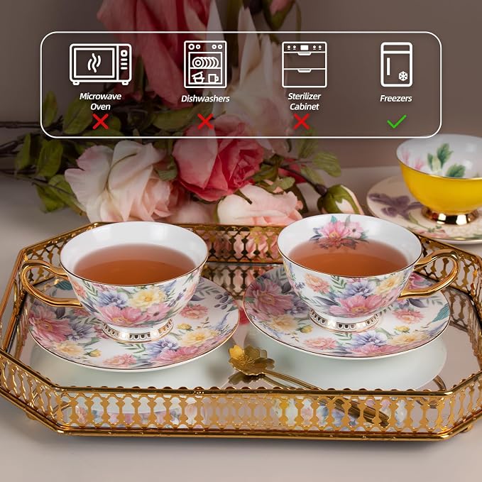KAMMAK Tea Cups and Saucers Set of 2, Porcelain Coffee Cups, JBE018 | Stackable - Image 3