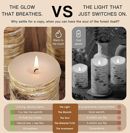 Birch Bark Texture Pillar Candles Set - Real Wax 3 Sizes (4", 5", 6" Tall) Rustic Decor Fireplace Candles, Unscented Woodland Style Pillar Candle for Modern Farmhouse, Dining Table, Holiday Decor