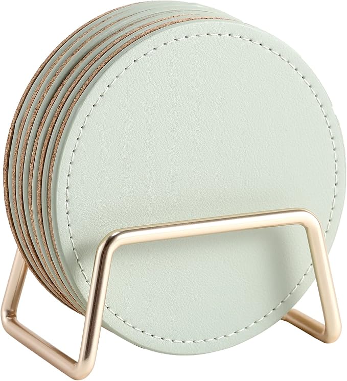 CASEGRACE Drink Coasters with Metal Holder Stand Set of 6, PU Leather Absorbent by Casegrace
