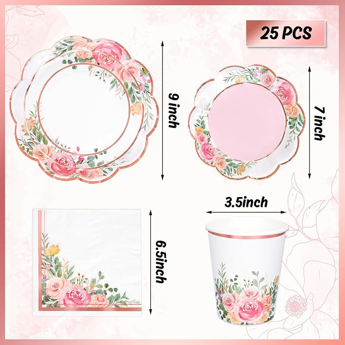 Whaline Floral Tableware Set Pink Flower Rose Gold Foil Disposable Party - Image 2