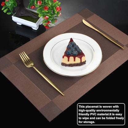 DACHUI Placemats, Heat-Resistant Placemats Stain Resistant Anti-Skid Washable PVC Table Mats Woven Vinyl (8pcs, Brown-Cross)