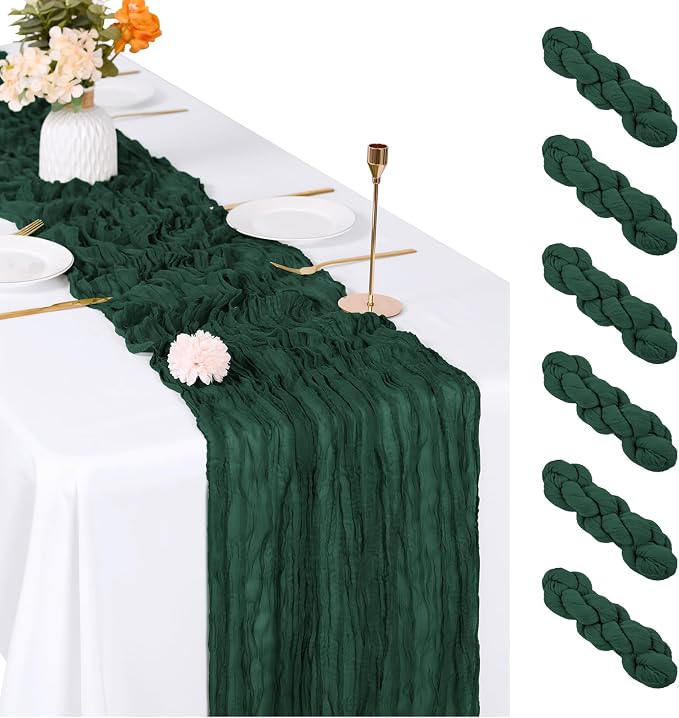 6 Pack Emerald Green Cheesecloth Table Runner, 17 x 108 inch, Semi Sheer Boho by ACSUIT