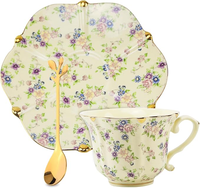 Country Roses Porcelain Tea Cup and Saucer Set by Unknown