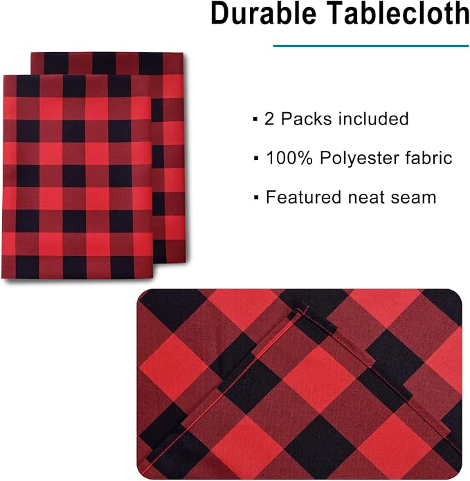 Red and Black Plaid Tablecloth Waterproof, 2 Pack, 60 x 120 inch | Checkered - Image 3