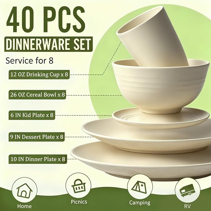 Dinnerware Sets 40 PCS Wheat Straw Plates and Bowls Sets - Image 2
