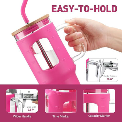 WINSA Glass Tumbler with Straw and Lid, Rose Red, 40 oz | Iced Coffee Cup with - Image 2