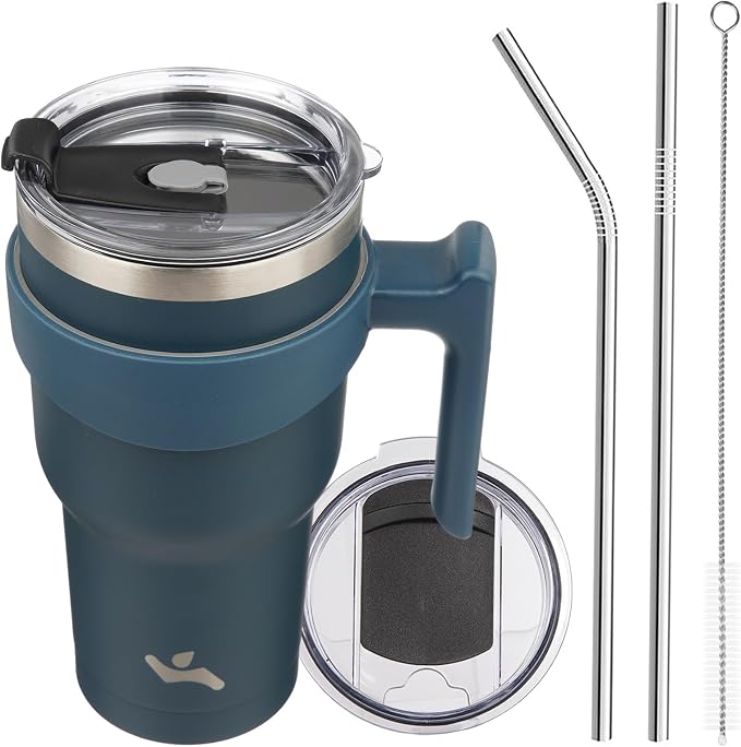 Konokyo 30 oz Tumbler with Handle and Straw, Insulated Travel Mug | Navy Blue; by Konokyo