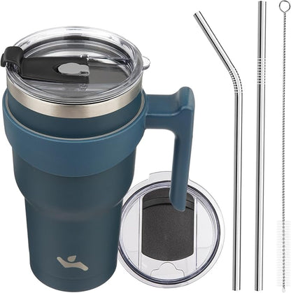 Konokyo 30 oz Tumbler with Handle and Straw, Insulated Travel Mug | Navy Blue; by Konokyo