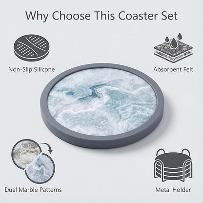 Absorbent Coasters for Drinks with Holder - 6packs, Silicone Coaster with Soft Felt Insert (4.3 inch Coasters with 4.5 inch Holder, Marble Style)