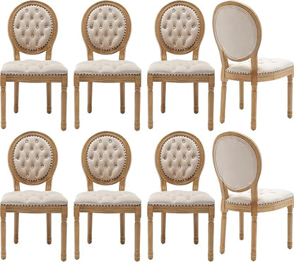 Vintage French Dining Chairs Set of 8, Round Back Velvet Upholstered Accent Chairs with Nailhead Trim and Solid Wood Frame, Elegant Sillas de Comedor for Dining Room & Kitchen, Beige
