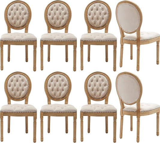 Vintage French Dining Chairs Set of 8, Round Back Velvet Upholstered Accent Chairs with Nailhead Trim and Solid Wood Frame, Elegant Sillas de Comedor for Dining Room & Kitchen, Beige