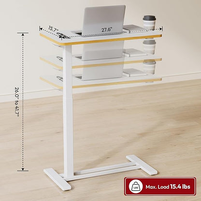 SANODESK Mobile Standing Desk with Hidden Wheels,Pneumatic Laptop Desk Rolling Computer Cart Movable Height Adjustable Small Sit Stand Desk for Home Office(27.6" W x 15.7" D, White+Maple Band)