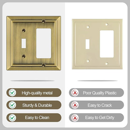 Metal Wall Plate for Electrical Outlets, Decorative Antique Brass Switch Plates Outlet Cover, Light Switch Cover Plate, 2-Gang Wall Plates (Toggle/Decorator, 2 Pack)