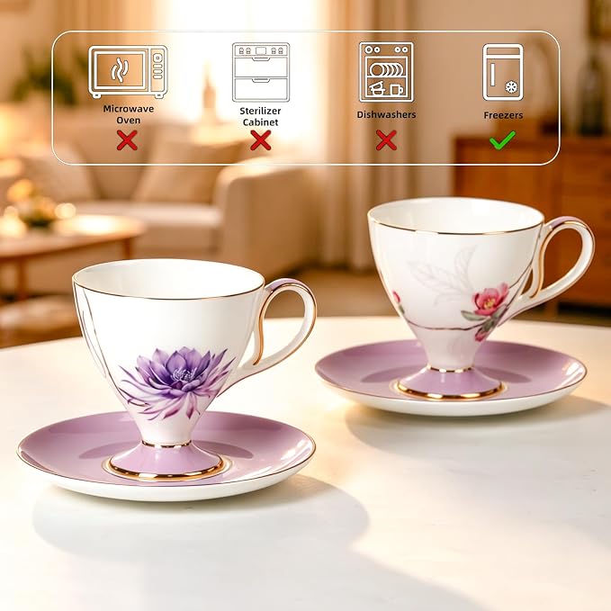 KAMMAK Tea Cups Set of 2, Ceramic Floral Pattern Demitasse Cup | Porcelain - Image 8