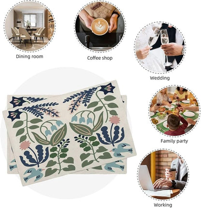 Boho Placemats Set of 4 Navy Blue Sage Green Vintage Floral Decor Place Mats 12x18 Inch Flower Spring Summer Seasonal Farmhouse Decoration Linen Table Mats for Home Kitchen Dining Party Table