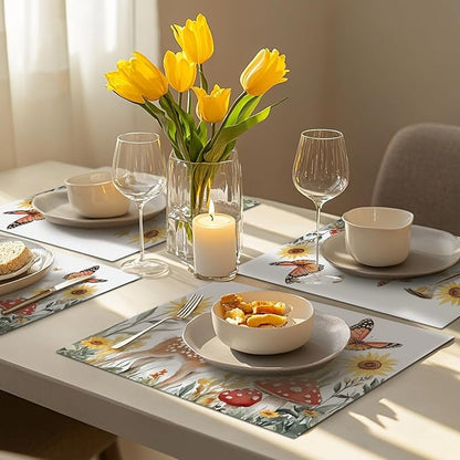Cute Deer Placemats Set of 6, Sunflower Butterfly Place Mats, Sika Deer Waterproof Washable Table Mats for Home Party Indoor Kitchen Dining Table Decoration 12x18 Inch