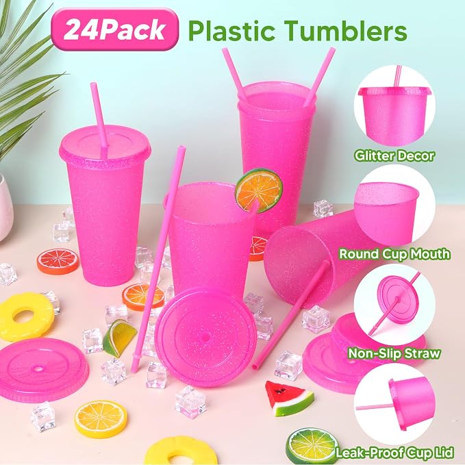 24 Pack Plastic Tumblers with Lids and Straw, Reusable Cups with Lids and - Image 3