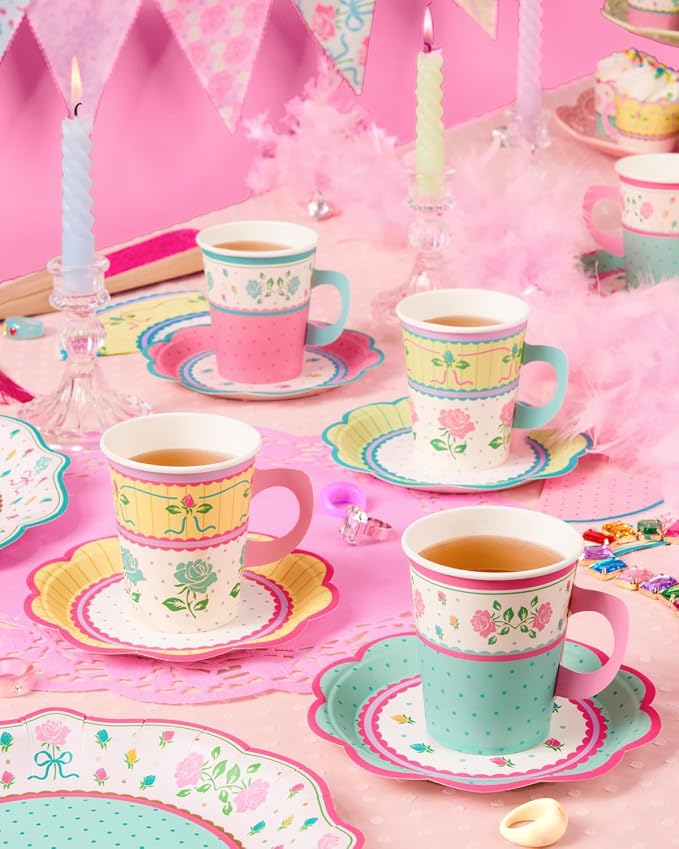 xo, Fetti 32 Tea Party 9oz Cups and Saucers Set | Garden Birthday Decor | Piece - Image 2