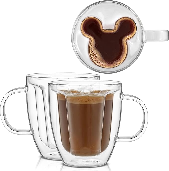 JoyJolt Disney Mickey Mouse 3D Glass Cups Set of 2, 10oz Insulated Double Wall by JoyJolt