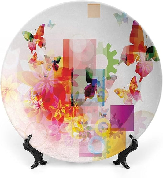 Ceramic Plates, Abstract Decorative Ceramic Plates, Natural Design Flowers Leaves Squares Rounds, 7 Inch, Household Plates Decorative, Multicolor