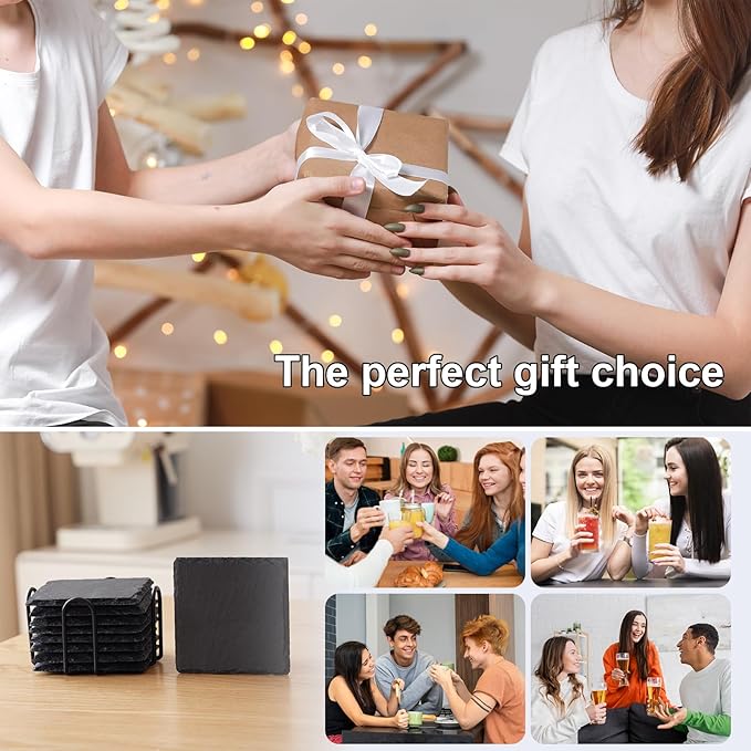 Slate Coasters Set of24,4-Inch Black Square Stone Drink Coasters with Scratch-Resistant Backing,Durable Tabletop Protection for Home Office Kitchen,Ideal Housewarming Wedding Gifts