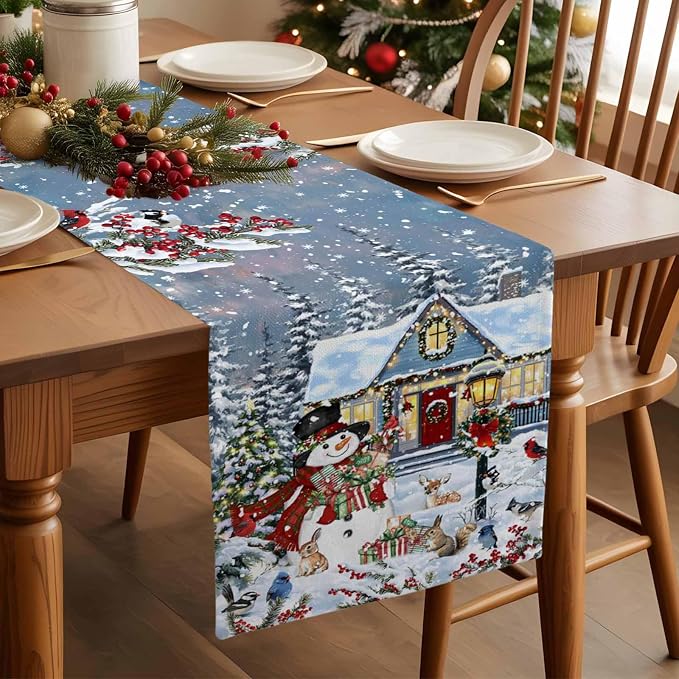 Merry Christmas Table Runner 72 Inches Long, Xmas Trees Snowman Snowflake Table - Image 3