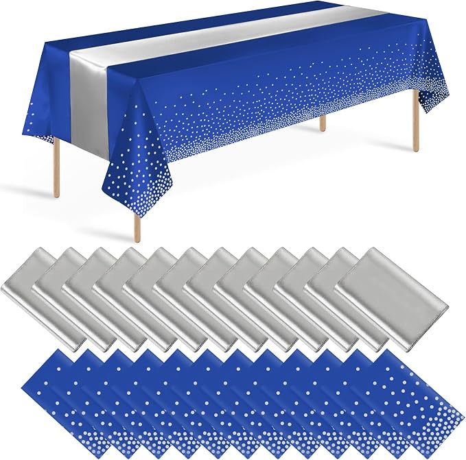 24 Pack Blue and Silver Tablecloth and Table Runner Party Decorations by Zachely