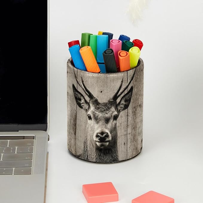 Leather Pen Holder for Desk, Ancient Wooden Wall Deer Pencil Cup Pen Organizer - Image 5