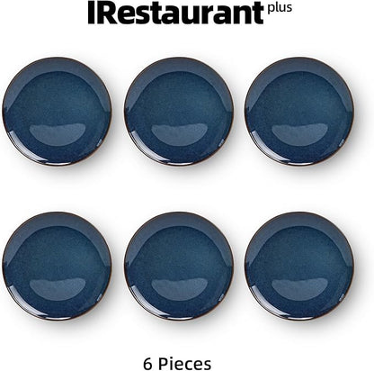 Organic Shape Highland Ceramic Salad plates, 6pcs 8 Inch Handmade Reactive Glaze Dinnerware Sets with Wavy Edge, for Kitchen, Microwave & Dishwasher Safe, Scratch Resistant-Blue