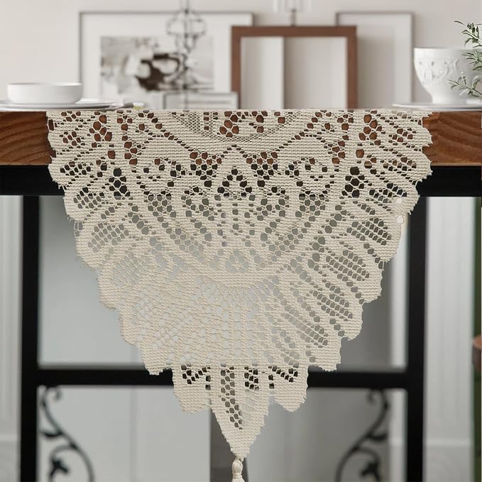 2Pcs Lace Table Runners with Tassels, Farmhouse Boho Doily Vintage Floral - Image 7