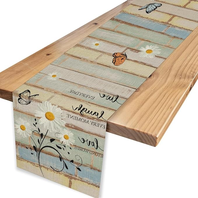 White Daisy Table Runner, Rustic Spring Sunflowers Floral Flower Wooden Boards - Image 4