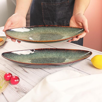 Serving Platter Olives Plate Large Serving Tray, Set of 4, for Entertaining, Porcelain Trays and Platters Sushi Salad Plates Serving Dinnerware Appetizer Serving Tray, Black reaction Glaze