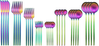 JASHII 32-Piece Tableware Set Stainless Steel Flatware Set with Coffee Spoon Long Handle Spoon Premium Cutlery Service for 4 Satin Finish Utensils for Home (Rainbow)