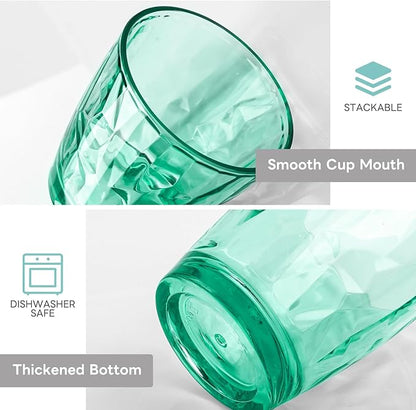 Topsky 10 oz Plastic Water Tumblers | Set of 4 Transparent Unbreakable Drinking Glasses Clear Acrylic Reusable Juice Wine Cups for Home Picnic Party, Dishwasher Safe, Stackable (Light Green)