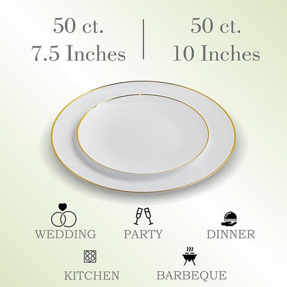 100PCS White Dinnerware Combo | 50 Gold Rim Appetizer/Dessert Plates (7.5in) & 50 Dinner Plates (10in) | Heavy Duty Disposable Plastic Plates For Wedding, Parties, Catering