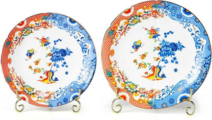 KAMMAK Ceramic Decorative Plate Set of 2, Porcelain Plates for Kitchen Dining Room Wine Cabinet Home Decor, Vintage Collector Plates with 2 Display Stand, Lotus Pattern (8-inch + 10-inch)