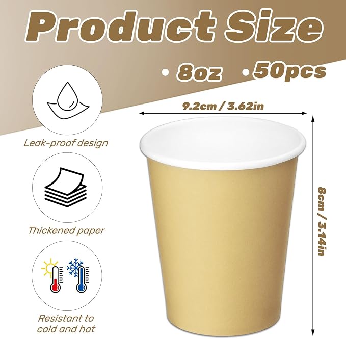 50 Pack 8 Oz Disposable Paper Cups, Khaki Paper Coffee Cups | Hot Coffee Cups - Image 2